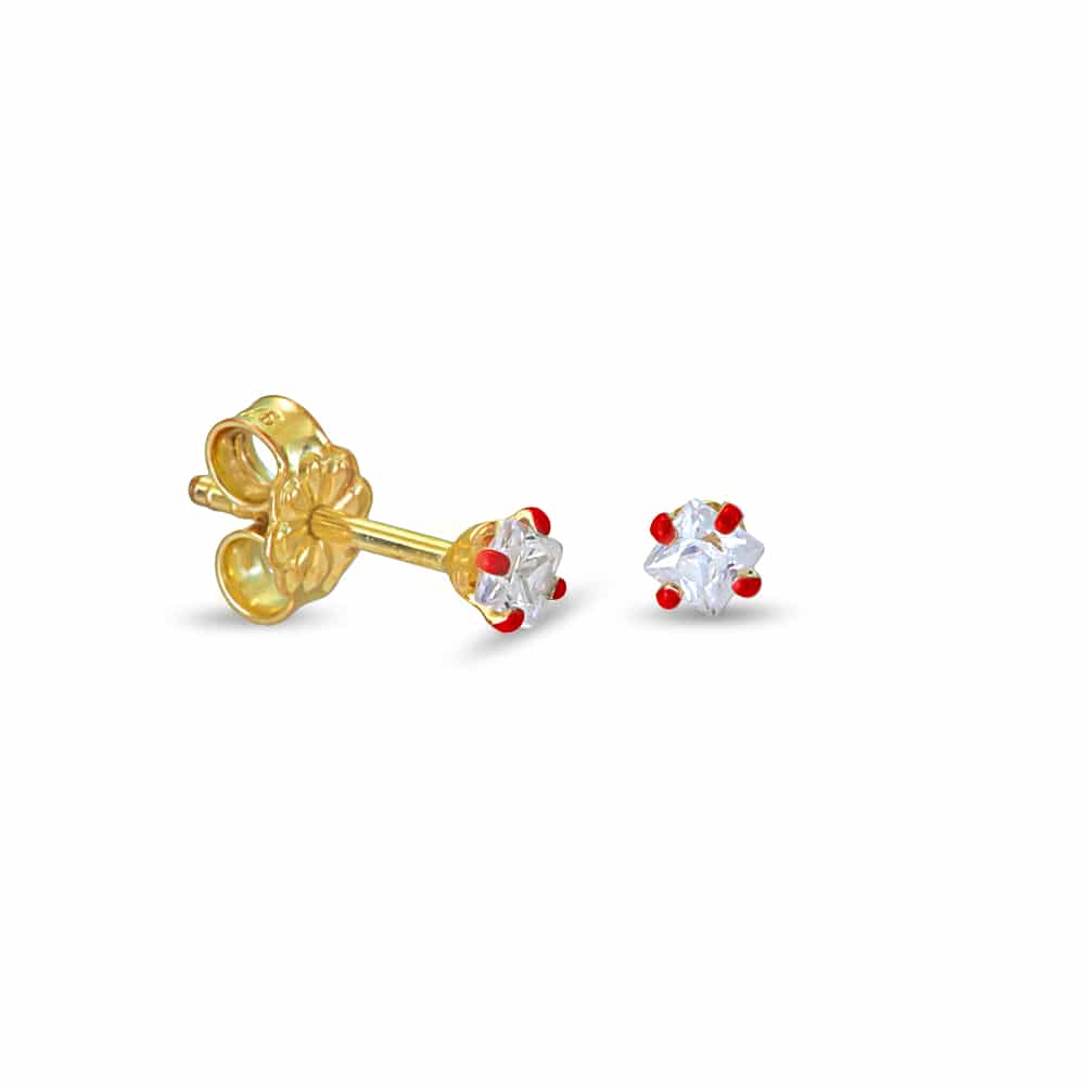Gold earrings with red enamel and white zircon