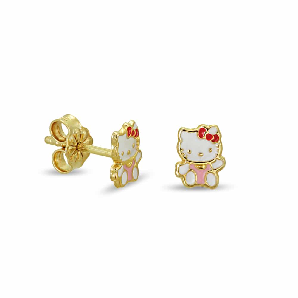 Gold Hello Kitty earrings with enamel