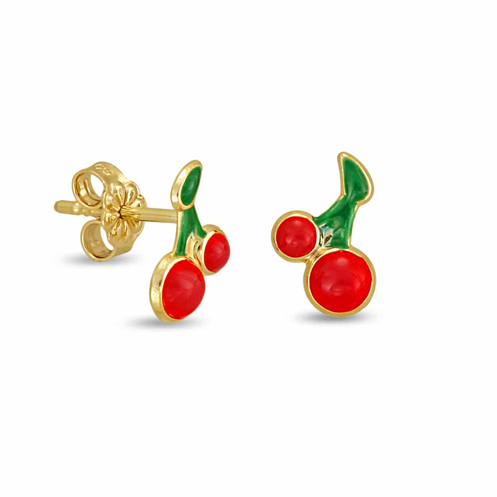 Gold cherries earrings with enamel