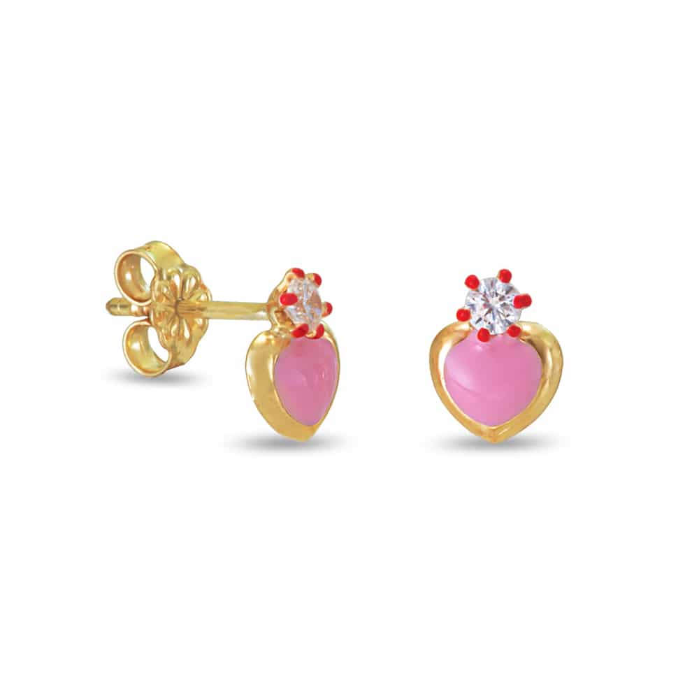 Gold heart earrings with enamel and white zircon