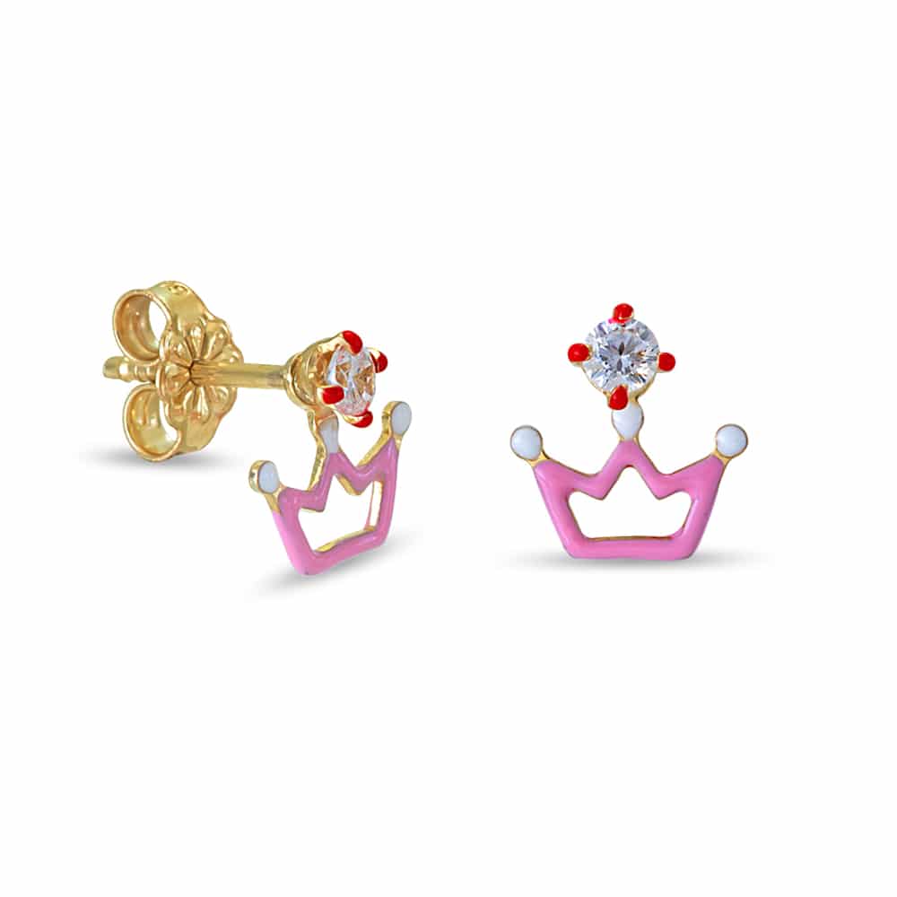 Gold crown earrings with enamel and white zircon