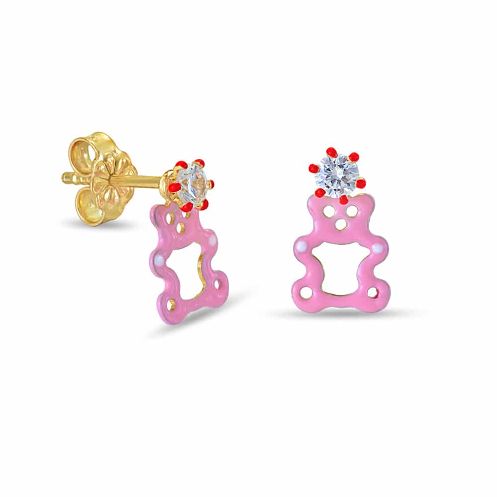 Gold teddy bears earrings, with enamel and white zircon.