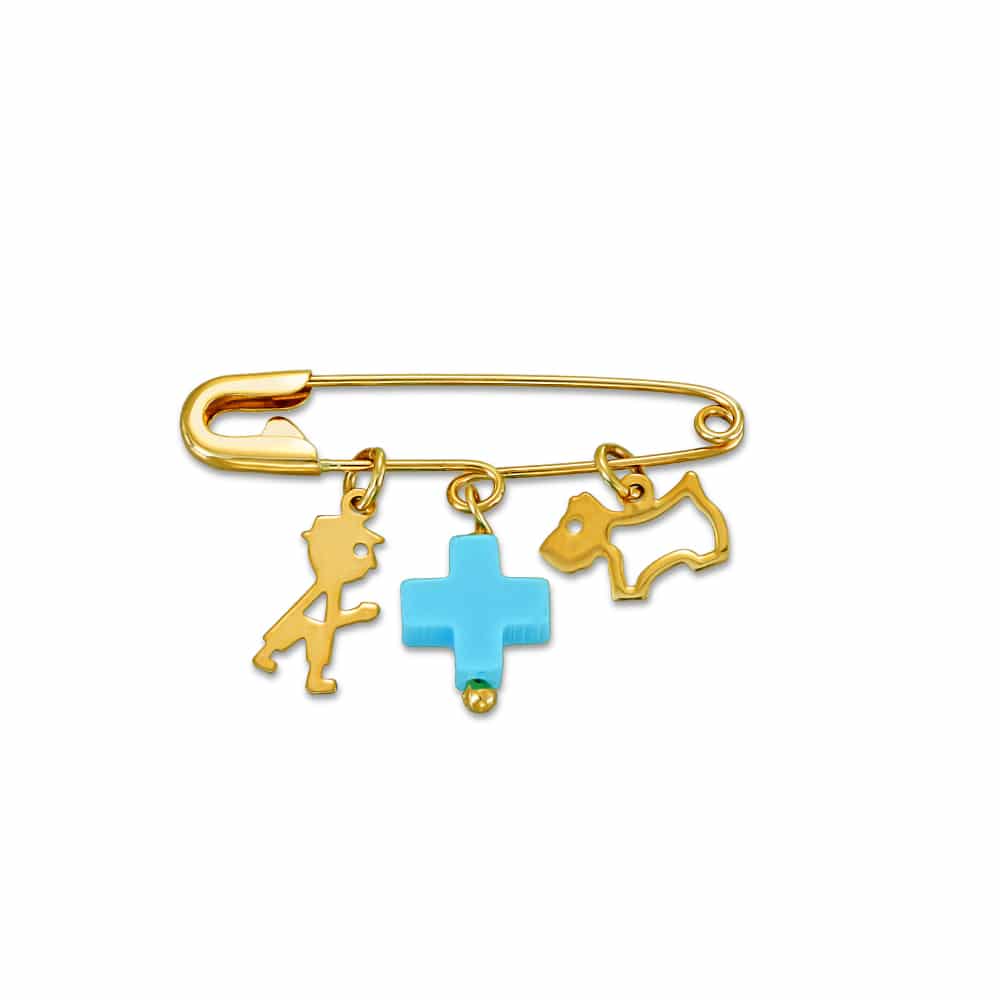 Gold safety pin with boy turquoise cross and dog