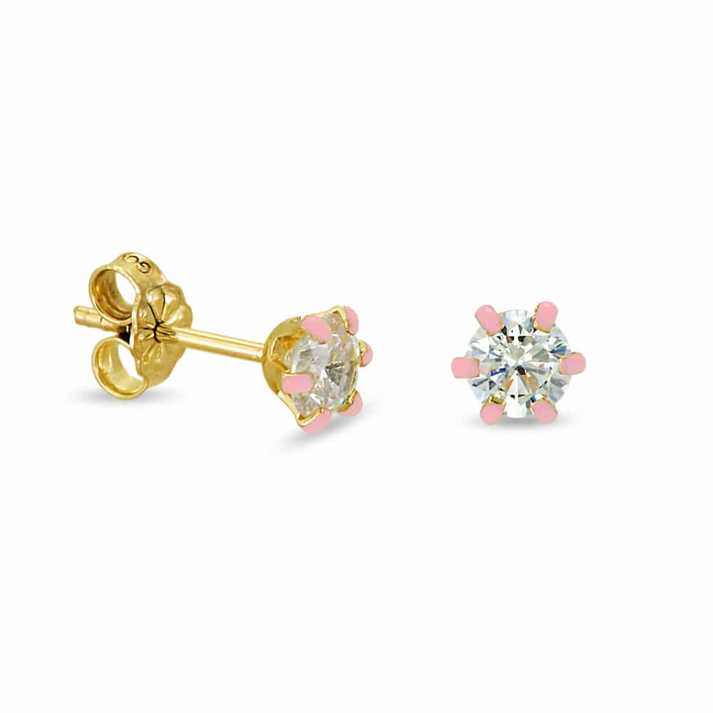Σκουλαρίκια χρυσά με λευκό ζιρκόν και ροζ σμάλτο