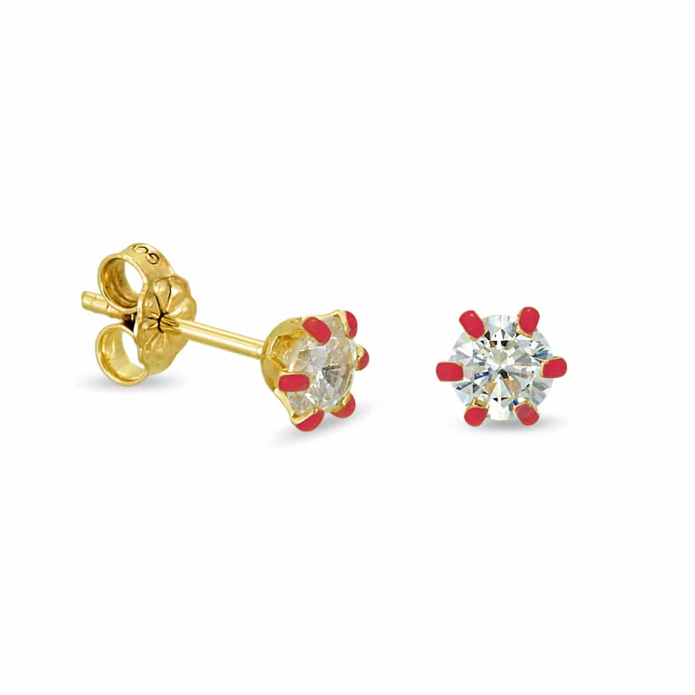 Gold earrings with white zircon and red enamel