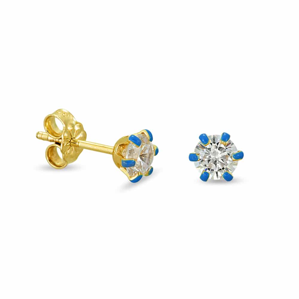 Gold earrings with white zircon and blue enamel