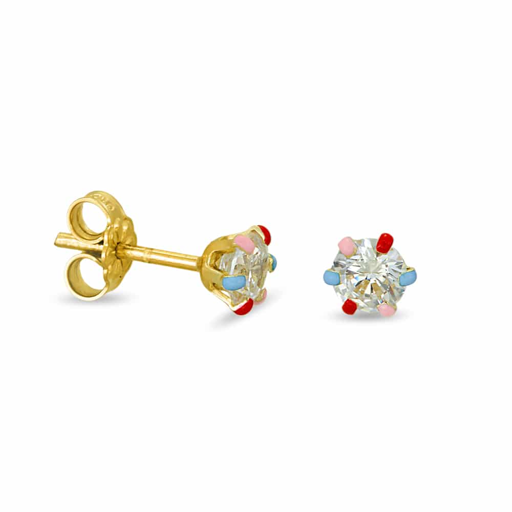Gold earrings with white zircon and multi colour enamel