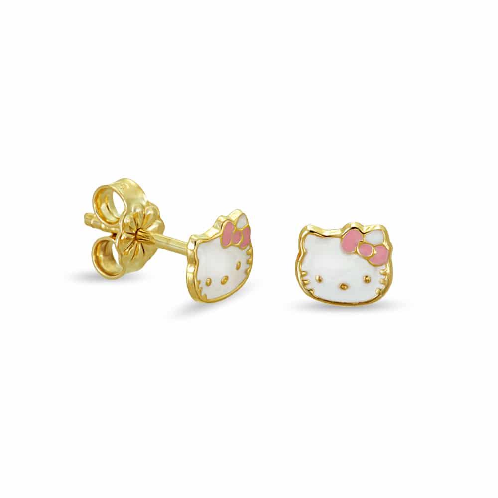 Earrings gold Hello Kitty with white and pink enamel