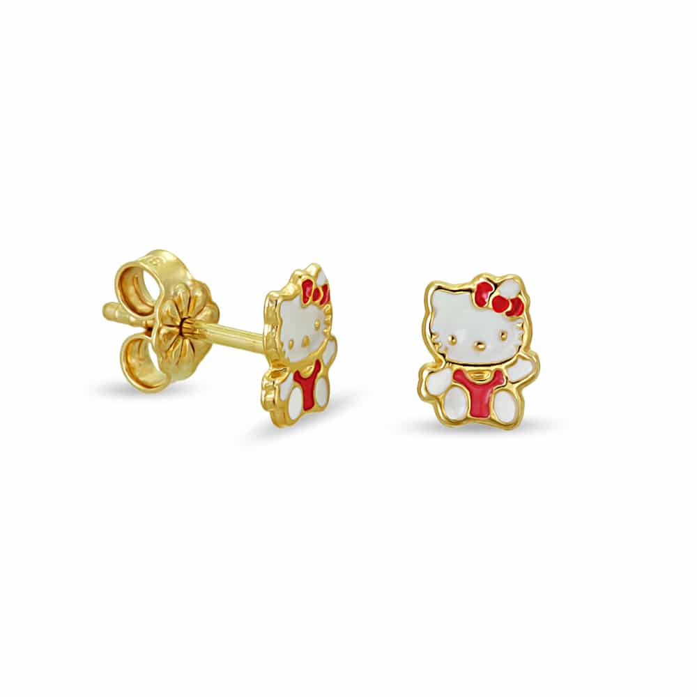 Σκουλαρίκια χρυσά Hello Kitty με λευκό και κόκκινο σμάλτο