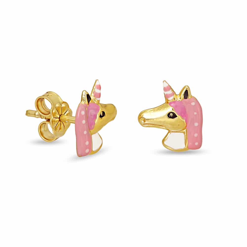 Gold unicorn earrings with enamel