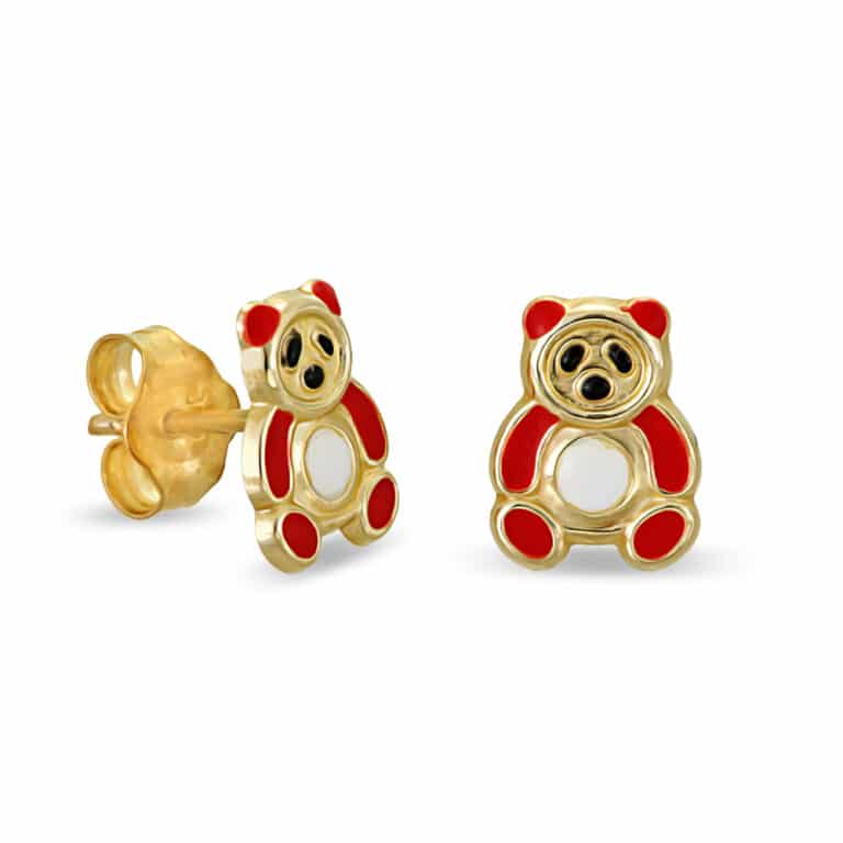 Gold teddy bears earrings with red enamel