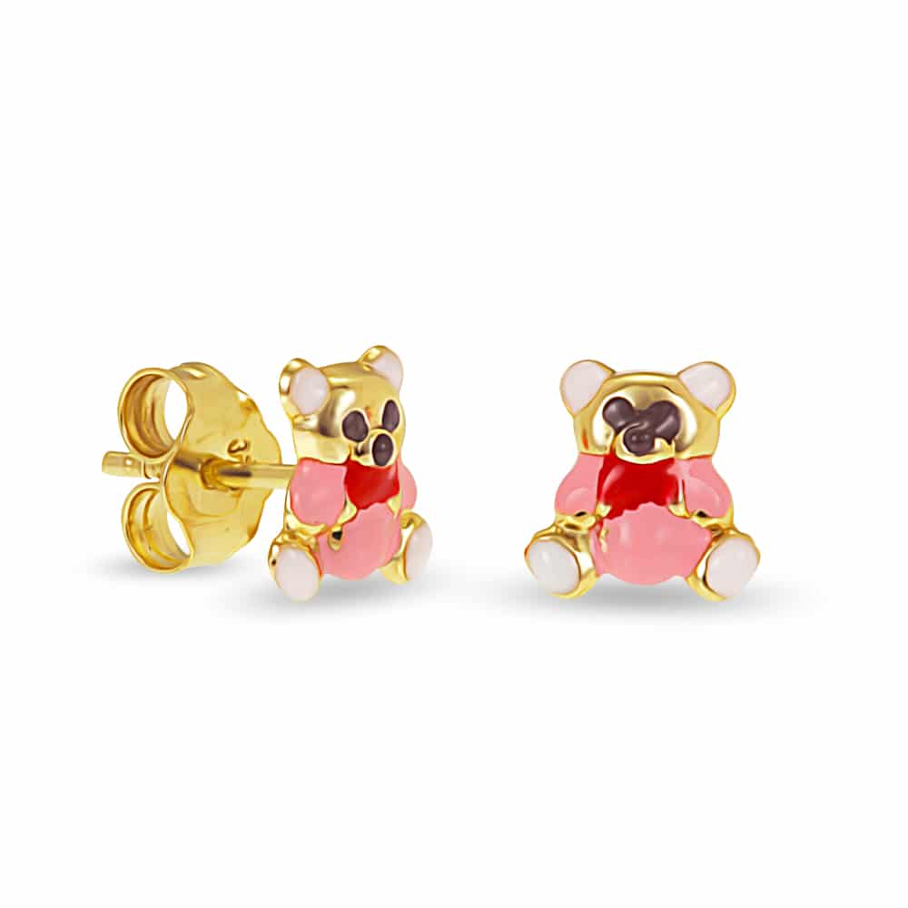 Gold teddy bears earrings with pink enamel