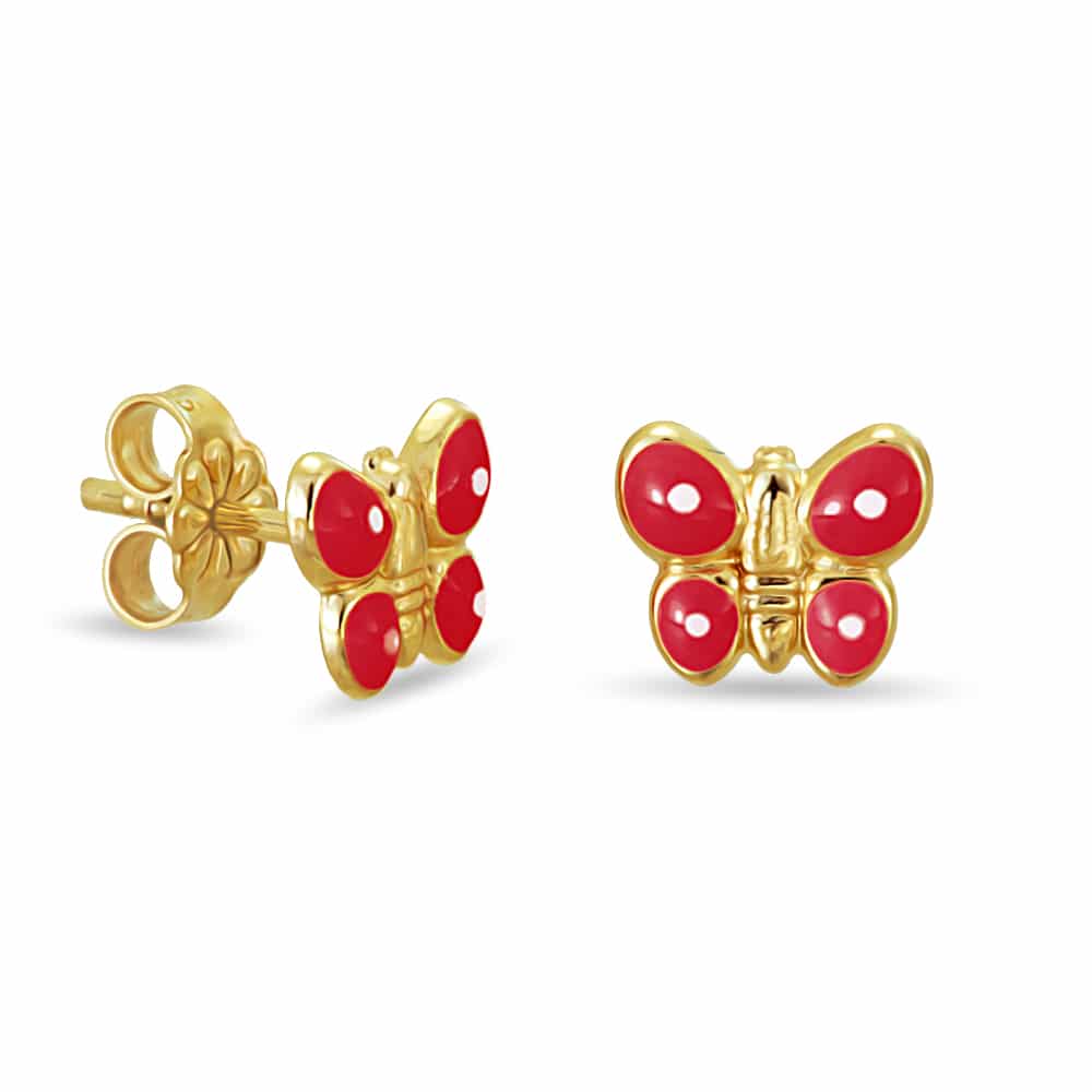 Gold butterfly earrings with red enamel
