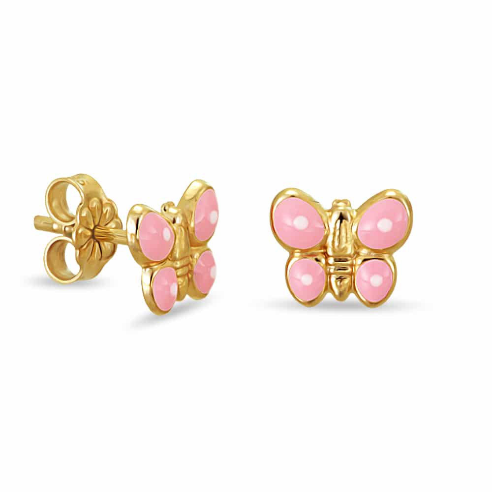 Gold butterfly earrings with pink enamel