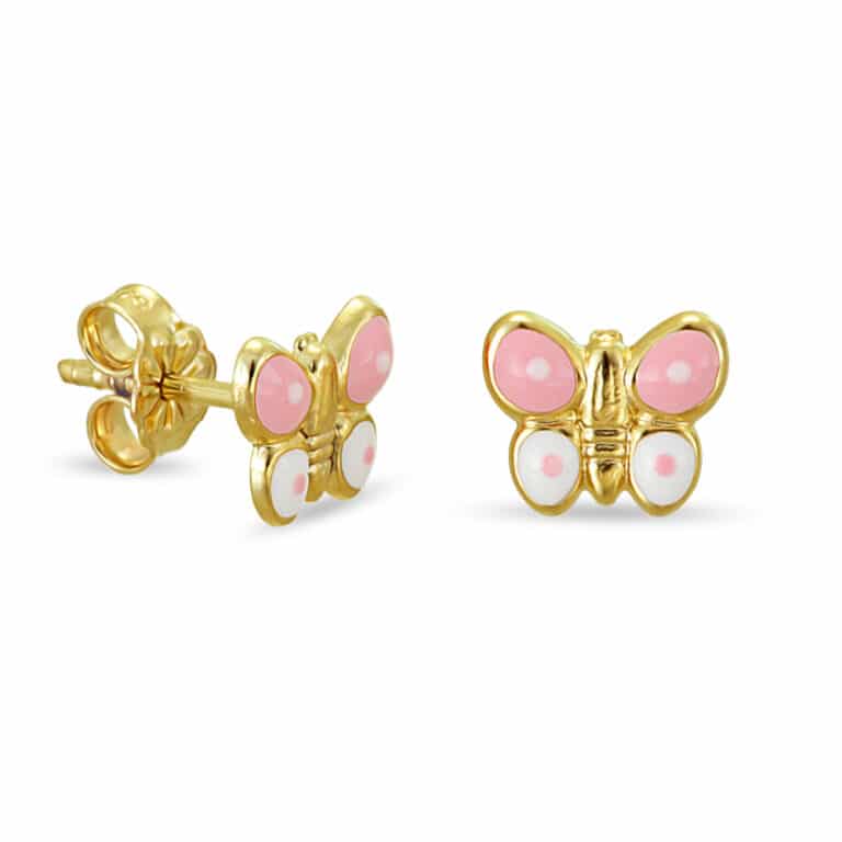 Gold butterfly earrings with pink enamel