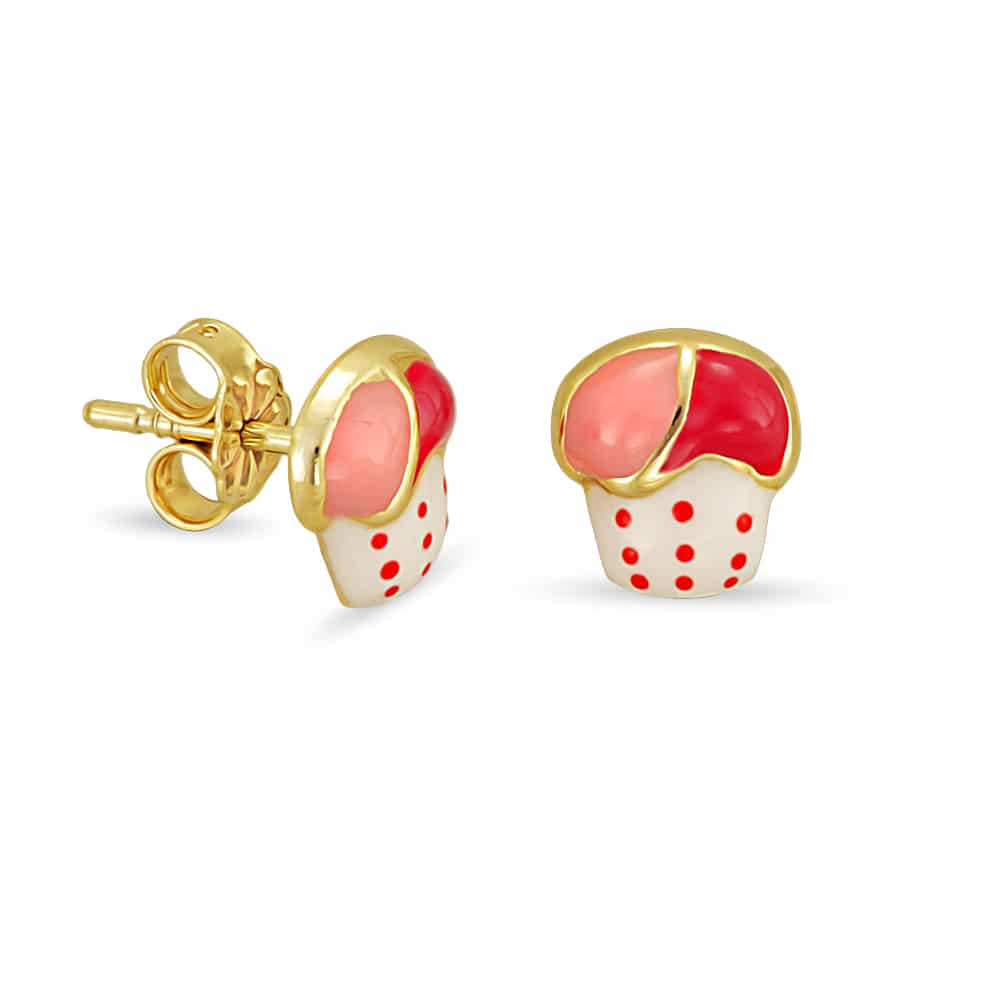 Gold cupcake earrings enamel