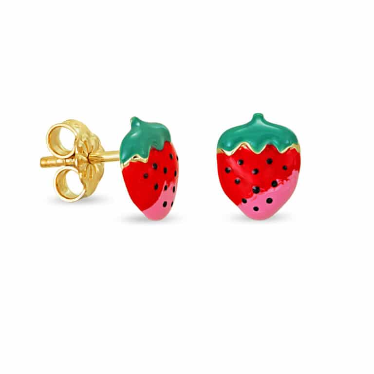 Gold strawberry earrings with enamel