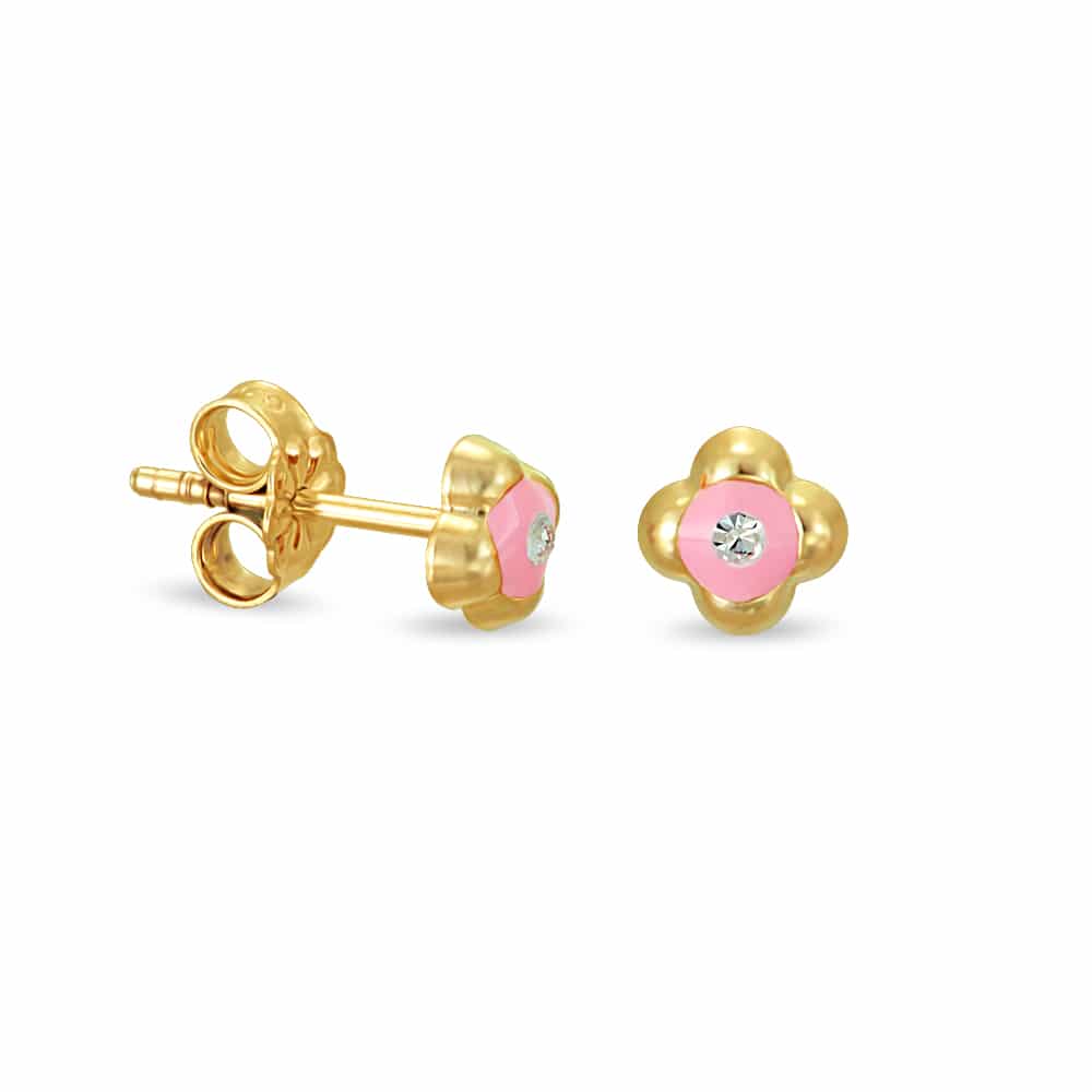 Σκουλαρίκι χρυσό με σμάλτο ροζ στρας